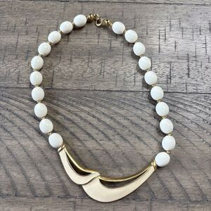 Trifari 1980s Enamel Statement Necklace, white glass beads with gold tone